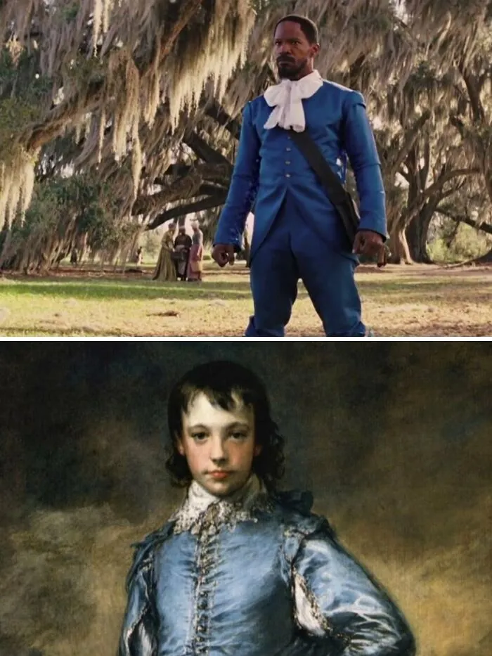 A split image contrasting a film character in blue attire on the top with a famous painting of a boy in blue on the bottom. Famous paintings inspired cinema.
