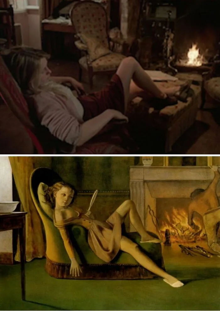 Film scene of a woman relaxing by a fireplace, mirroring a famous painting; both show how paintings influence cinema.