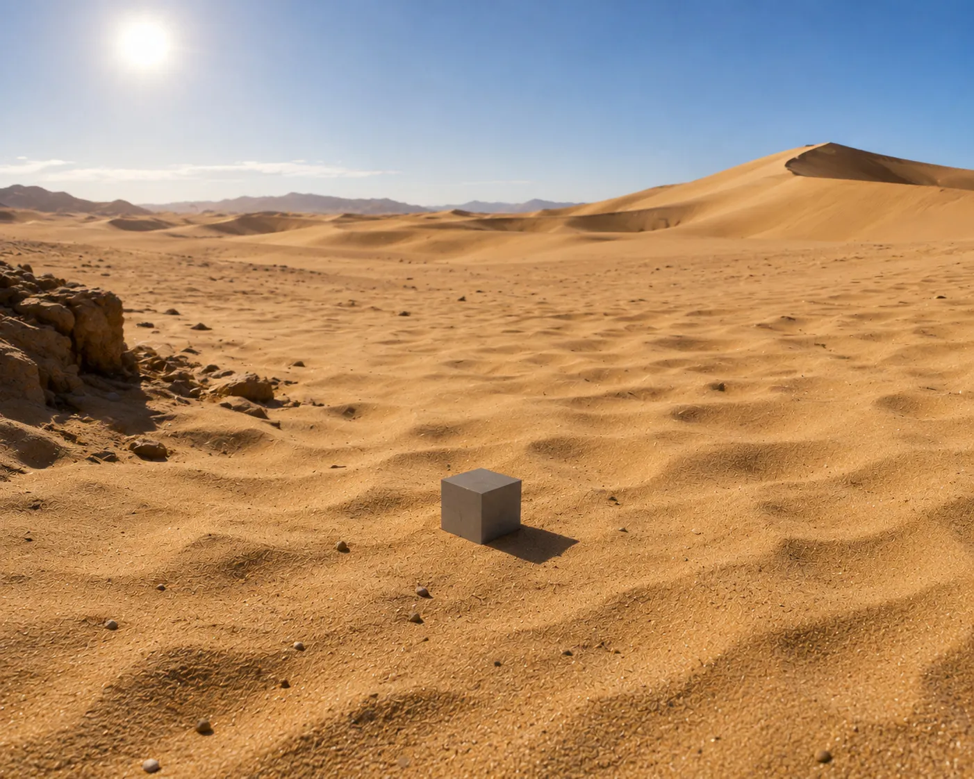 A single gray cube sits in a vast, sunny desert with sand dunes. Japanese Cube Personality Type quiz.
