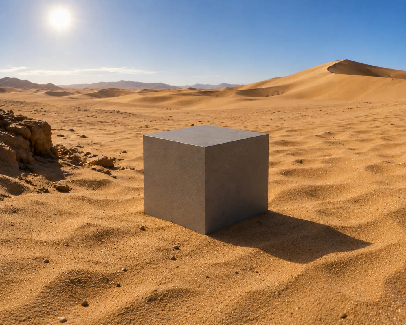 A large grey cube sits in a vast desert landscape under a bright sun, inviting thoughts on Japanese cube personality.