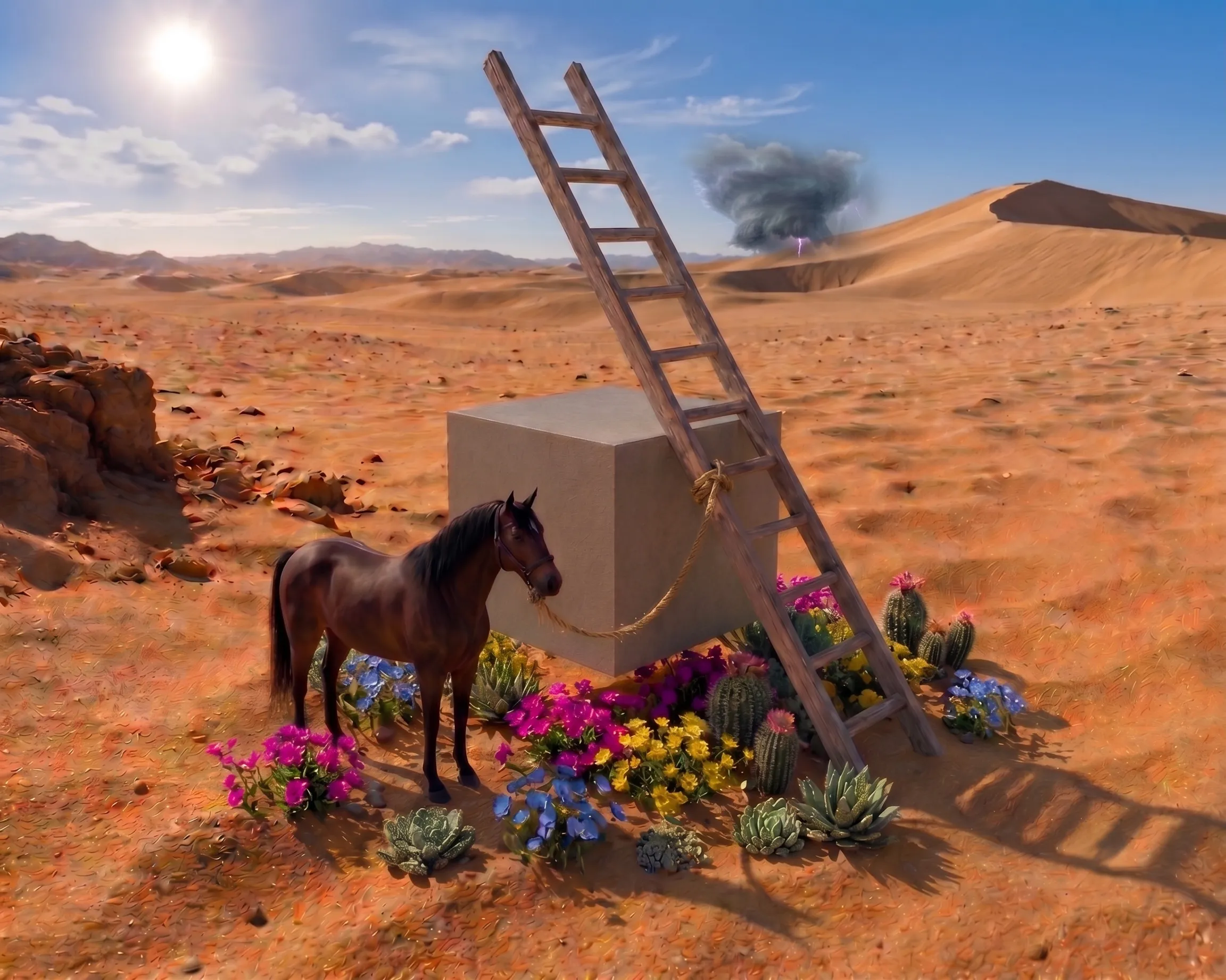 Desert scene with a brown horse tied to a cube, surrounded by vibrant flowers. A ladder leans on the cube with a storm forming, lightning striking a distant dune, a Japanese cube personality type.