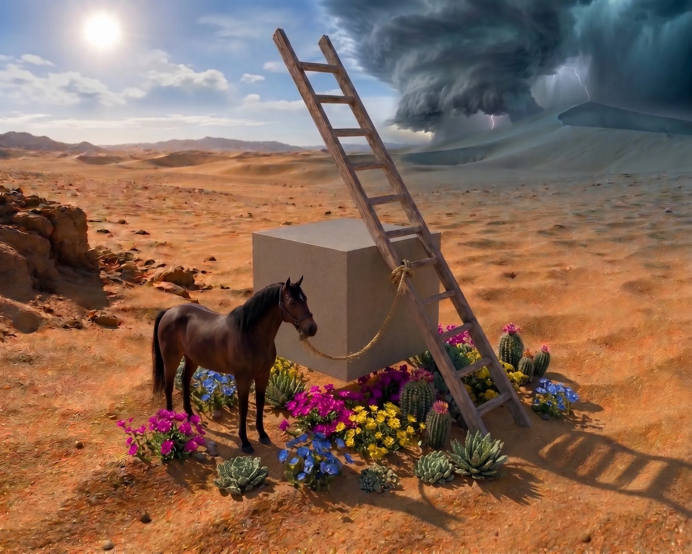 A Japanese cube personality type scene: horse, ladder, and flowers by a cube in a desert as a storm approaches.