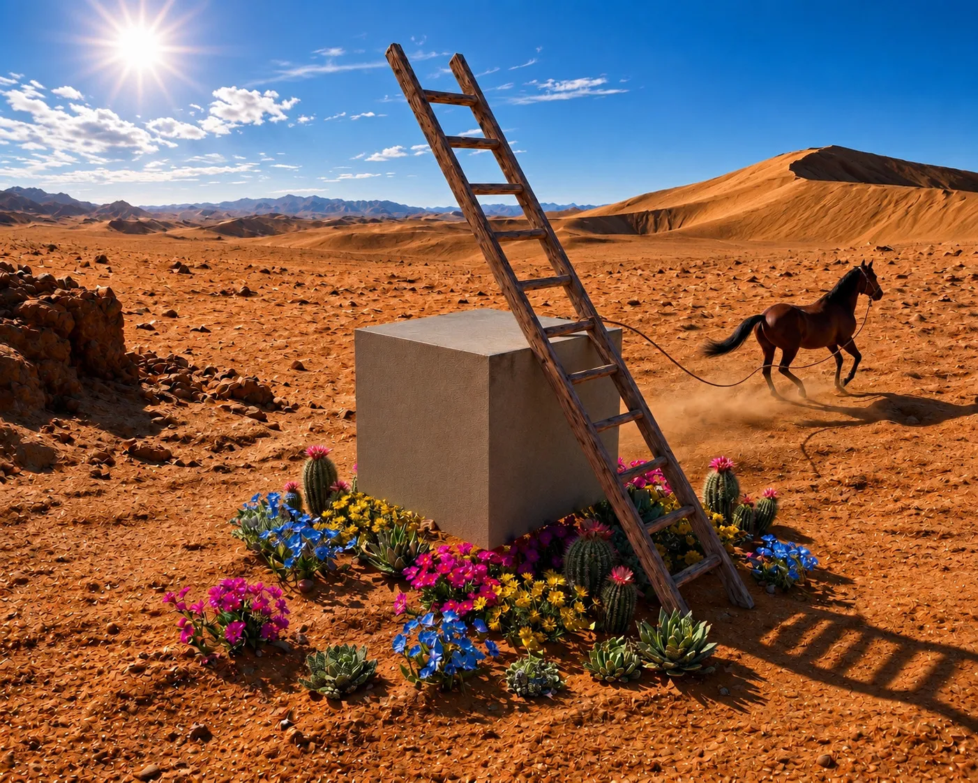 Desert scene: a horse running from a cube with a ladder, surrounded by flowers. Japanese Cube Personality Type quiz.