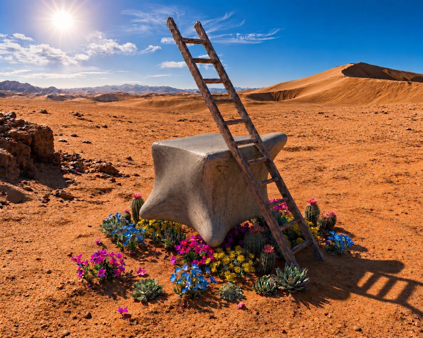 A desert landscape with a shifting cube surrounded by colorful flowers and cacti, with a ladder leaning against it. Japanese Cube Personality Type.