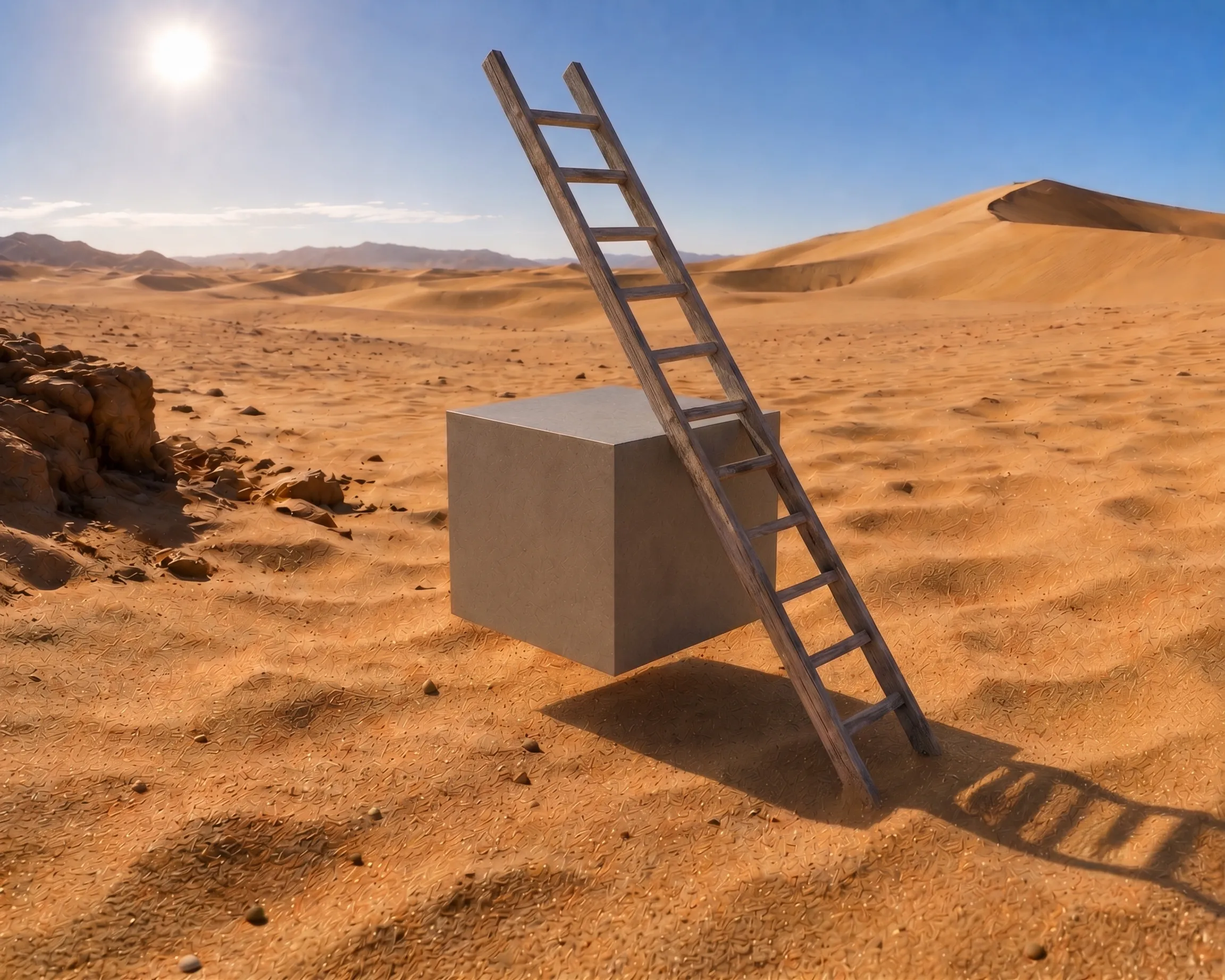 A ladder leans against a cube in a vast desert landscape, exploring Japanese Cube Personality Types.