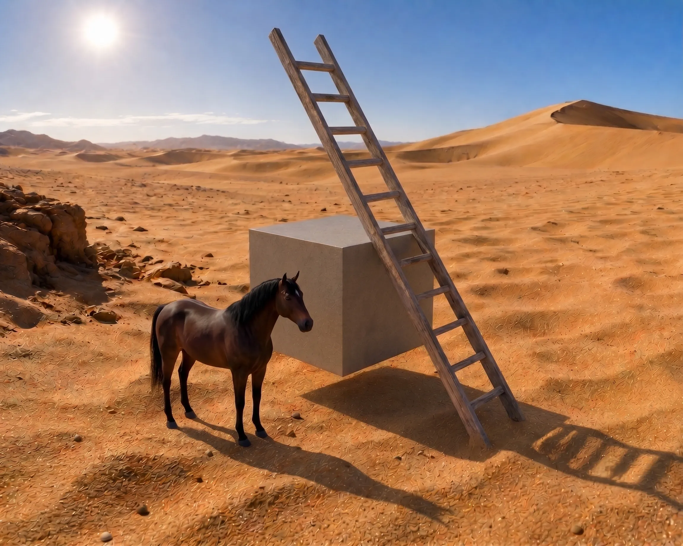 A horse stands in a desert next to a floating cube with a ladder leaning on it. Japanese cube personality.