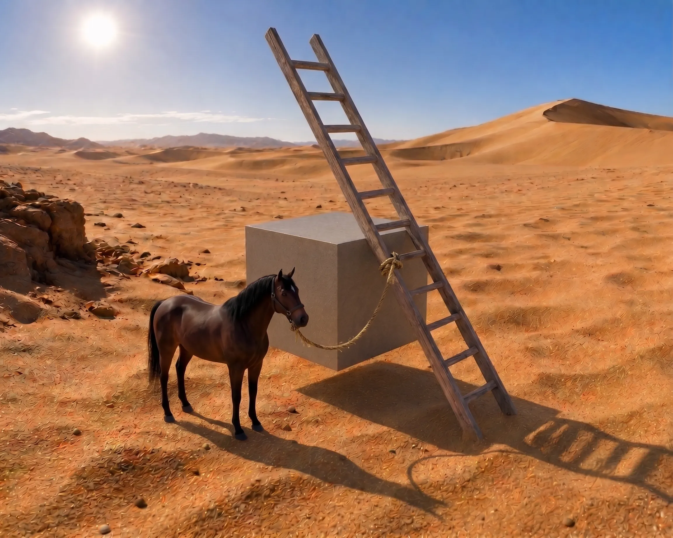 A horse is tied to a ladder in a desert, symbolizing a Japanese Cube Personality Type. A large cube sits beside them.