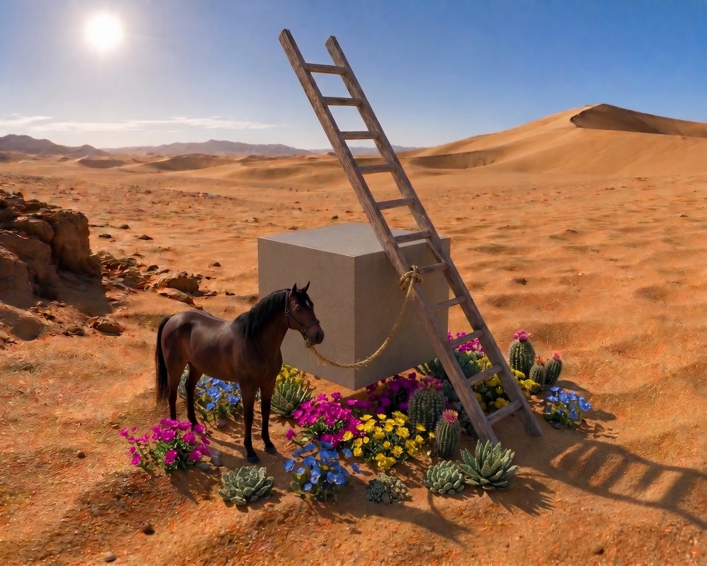 Brown horse by a Japanese cube, adorned with many colorful flowers and a ladder, in a sunny desert scene.
