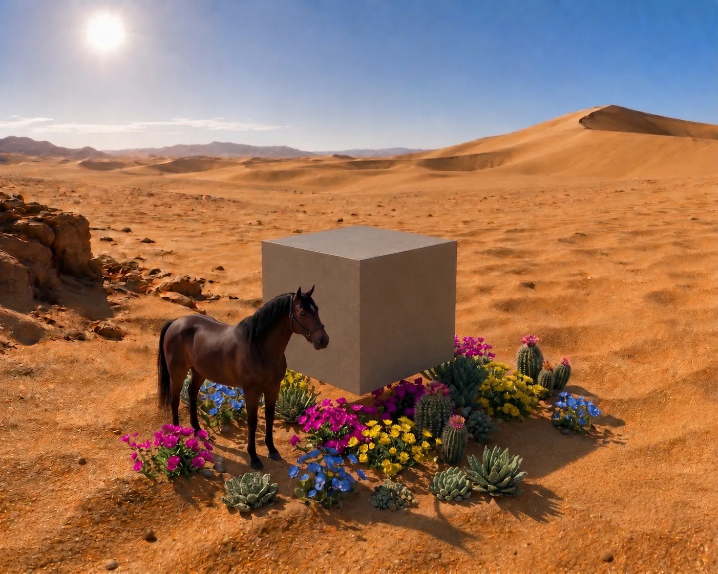 A desert scene with a brown horse, a gray cube, and vibrant flowers. Explore your Japanese Cube Personality Type.