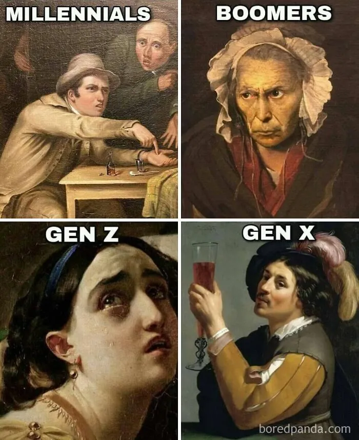 A meme with four classic paintings representing Millennials, Boomers, Gen Z, and Gen X.