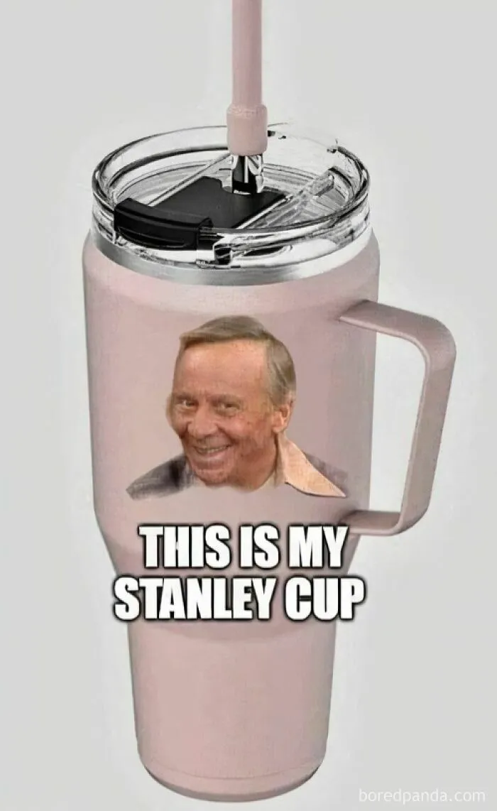 A meme of a Stanley cup with Buddy Hackett's face and the text This Is My Stanley Cup for Gen X humor.
