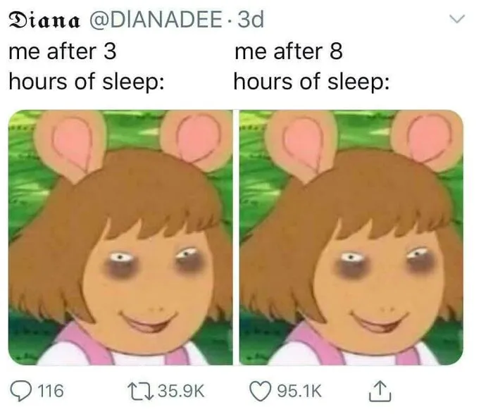 A surprisingly honest post showing the difference in appearance after 3 vs. 8 hours of sleep.