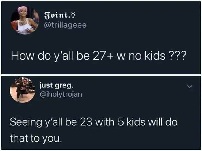 A screenshot of two surprisingly honest posts on Twitter discussing age and having children.