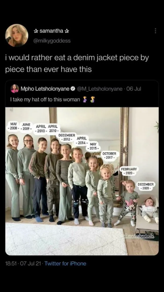 A series of photos of children, showing a surprisingly honest reaction to the idea of having many kids. This is one of the honest posts.