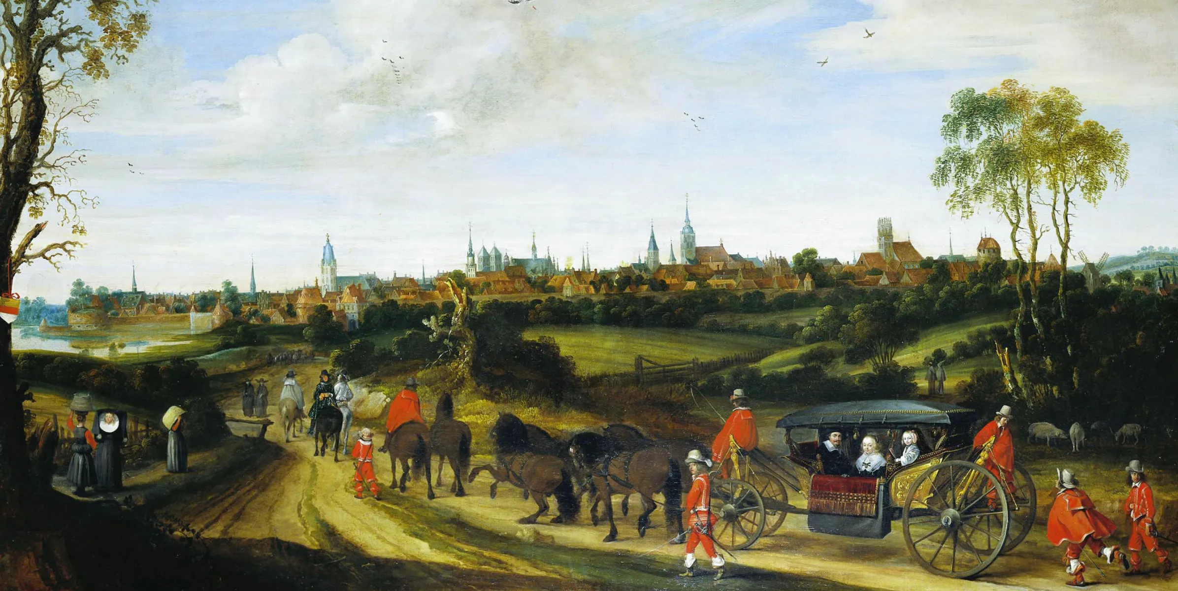 A painting of a historical landscape with people and horse-drawn carriages, related to the Thirty Years War.