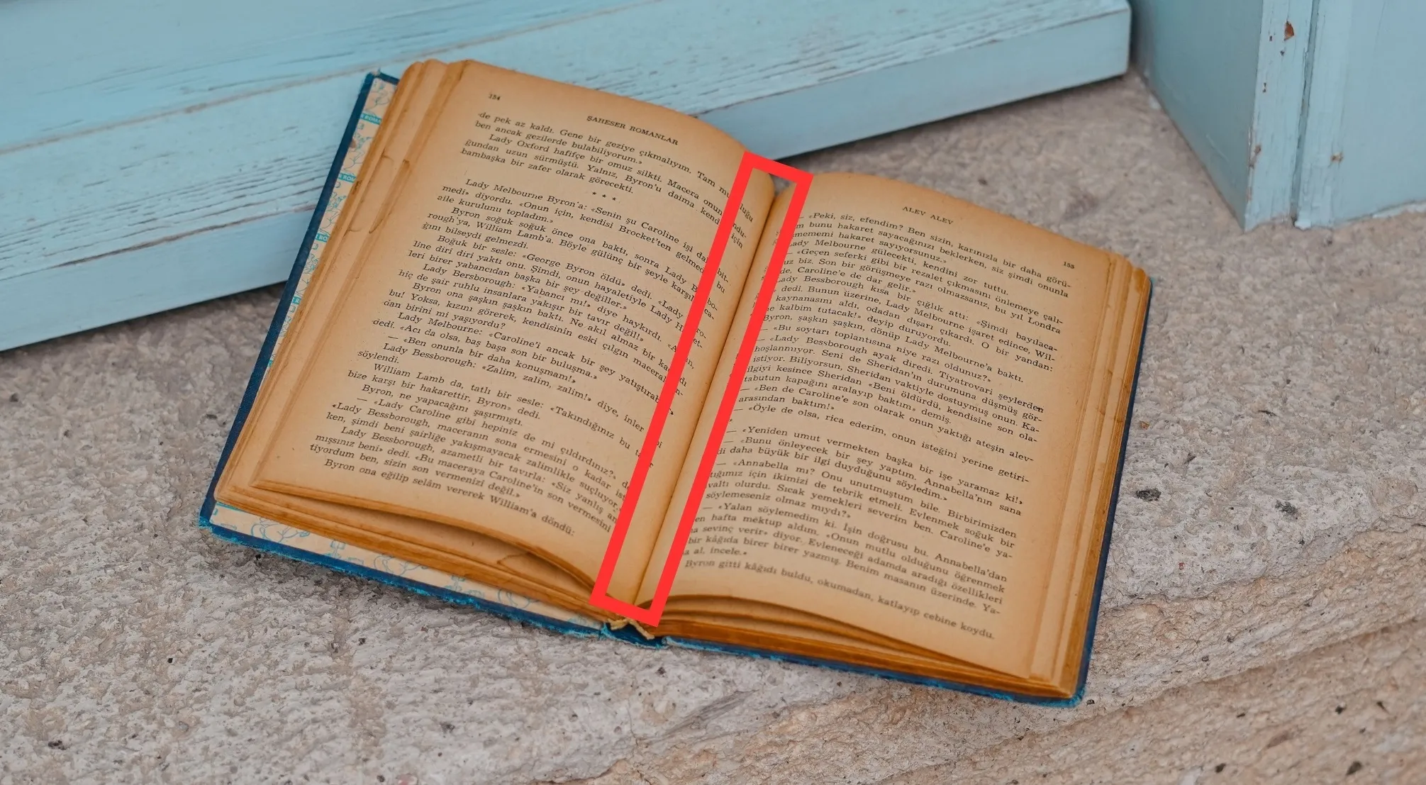 An open book with pages highlighted by a red rectangle. This central area is the gutter in print design.