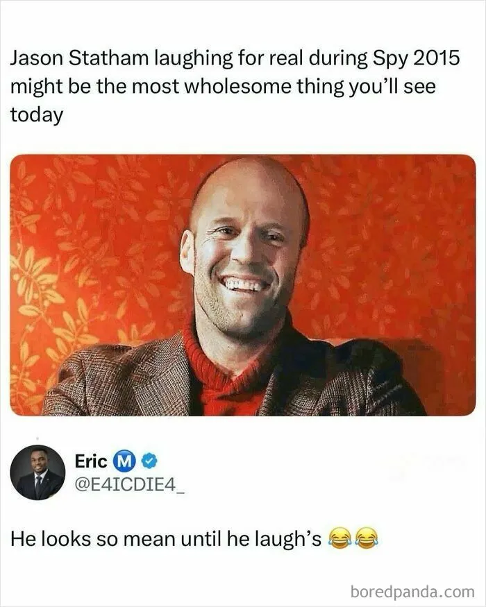 A candid shot of actor Jason Statham laughing wholeheartedly, a wholesome moment from the movie Spy 2015. This is a cool post about TV, movies, and media.
