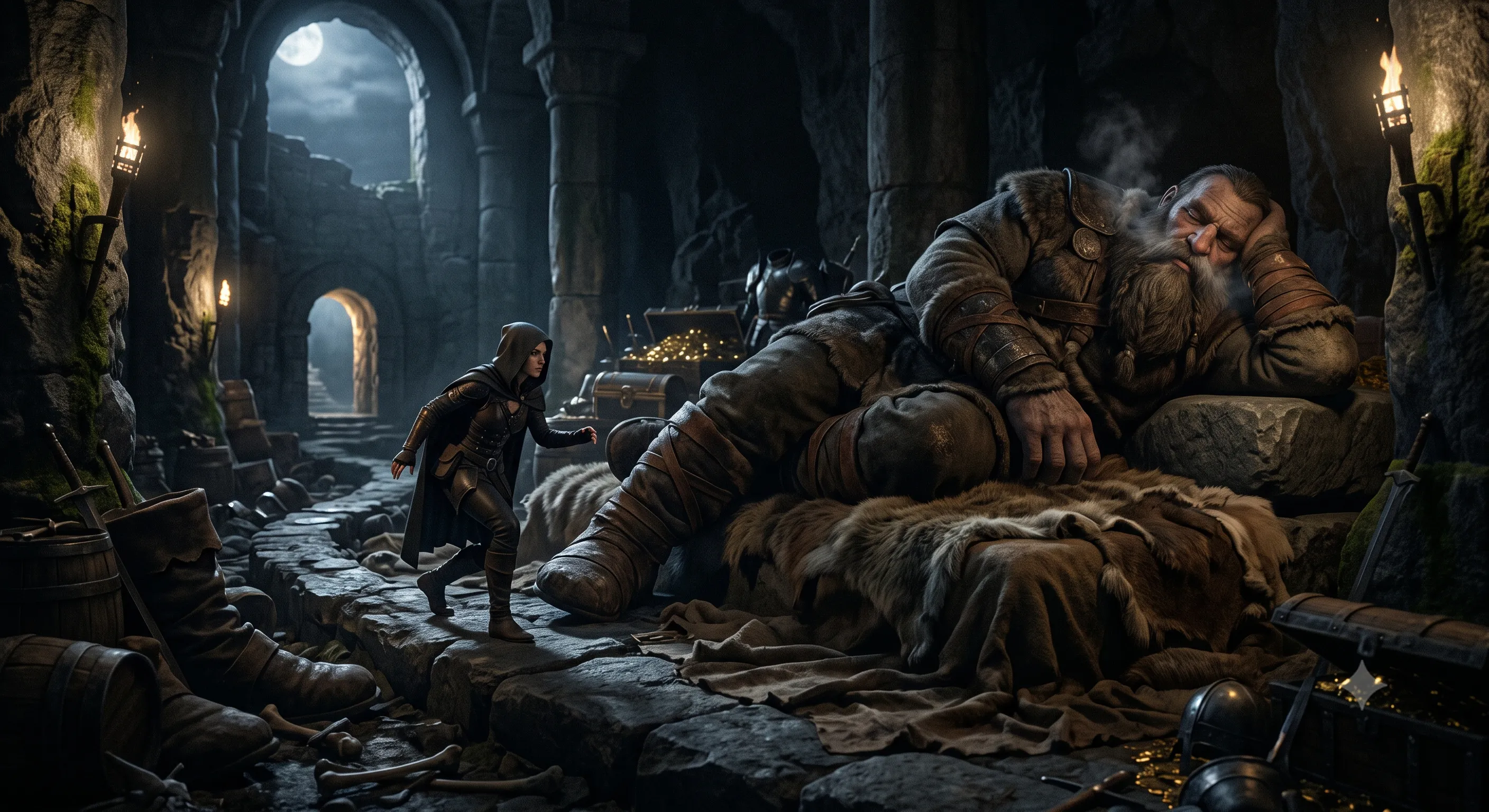Mythological trickster sneaking past a sleeping giant in a dungeon to avoid detection.