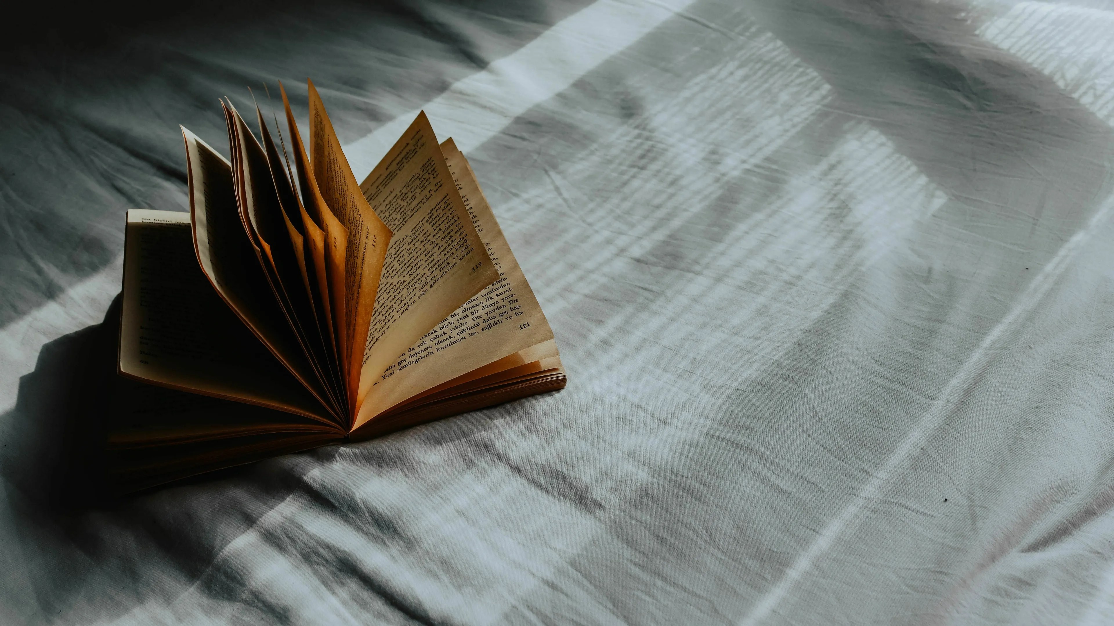 Open book on a bed, representing a mythological trickster tale with a hero and fool.