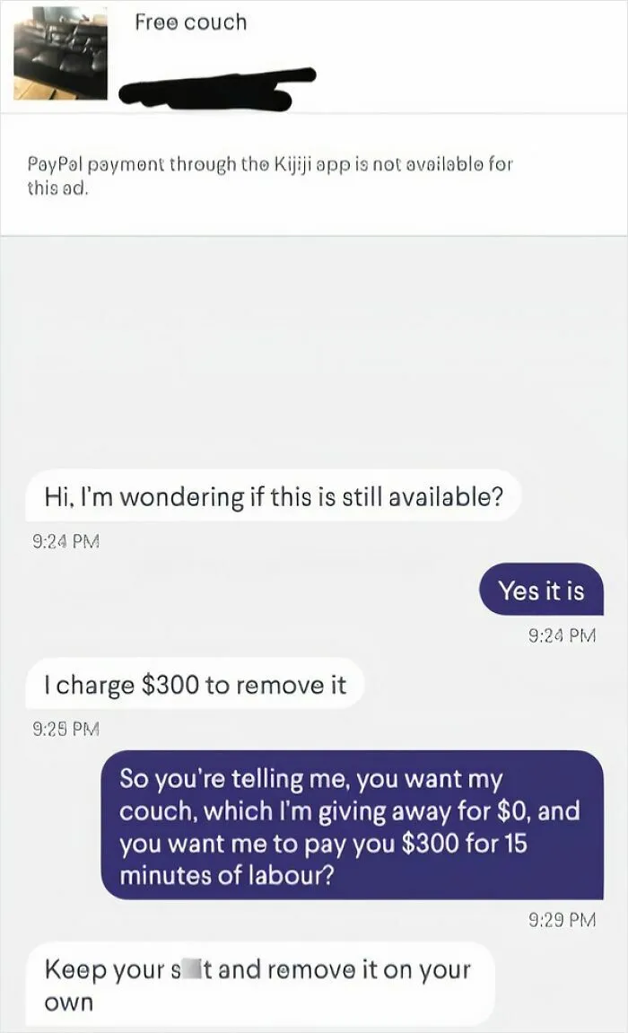 My Friend Was Trying To Give Away His Couch And Got This Lovely "Offer"