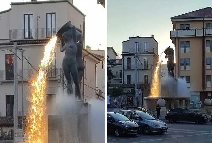 Esta fuente fue diseñada para que pareciera que vierte lava durante un breve instante cada día, cuando el sol incide sobre ella de la manera adecuada.