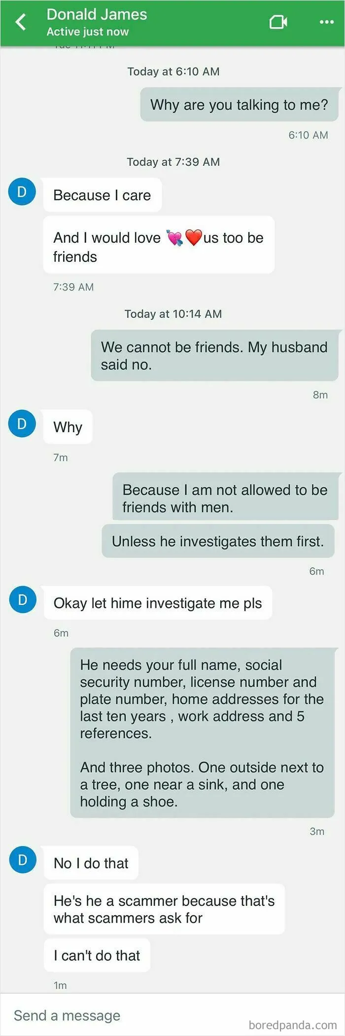 A text message exchange with a scammer asking for personal details, a clear rookie move by the wrong person.