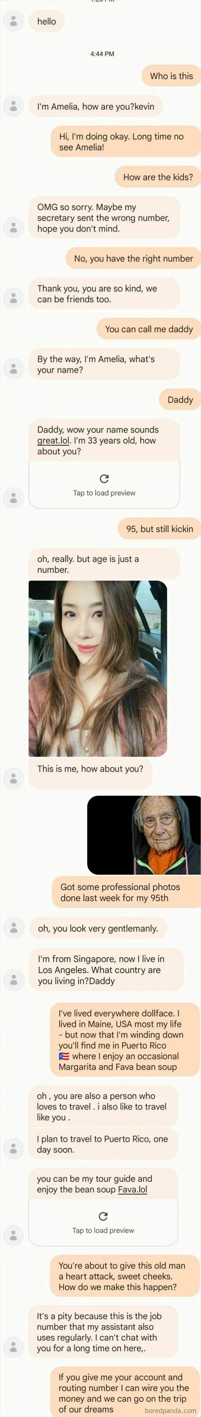 A series of text messages, where a scammer attempts to scam by posing as someone else, revealing rookie blunders.