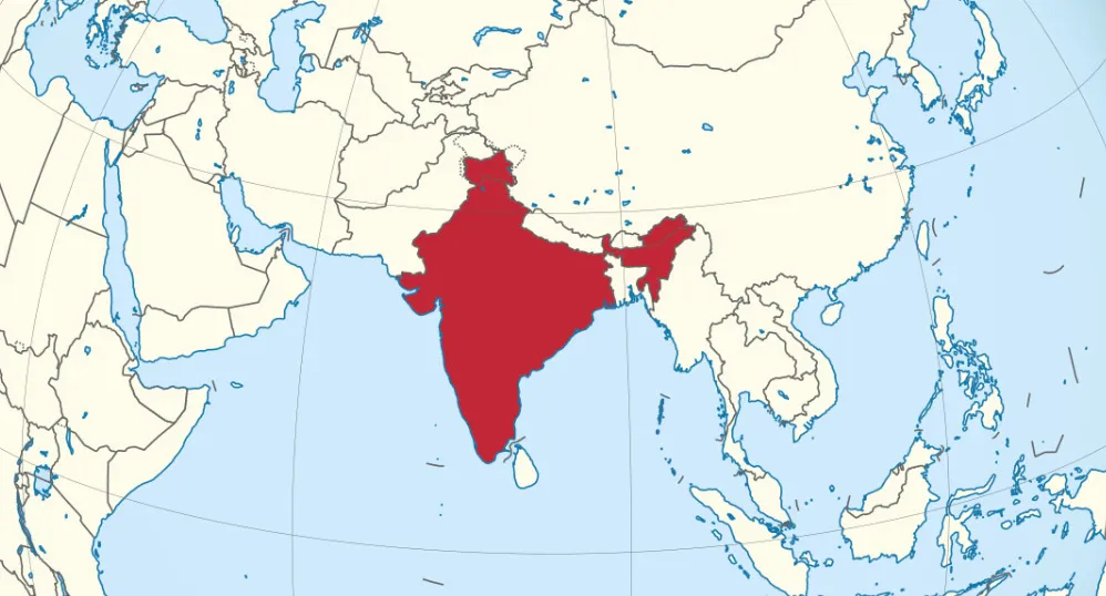 A map highlighting India in red, surrounded by other Asian countries and water, for a General Knowledge Quiz.