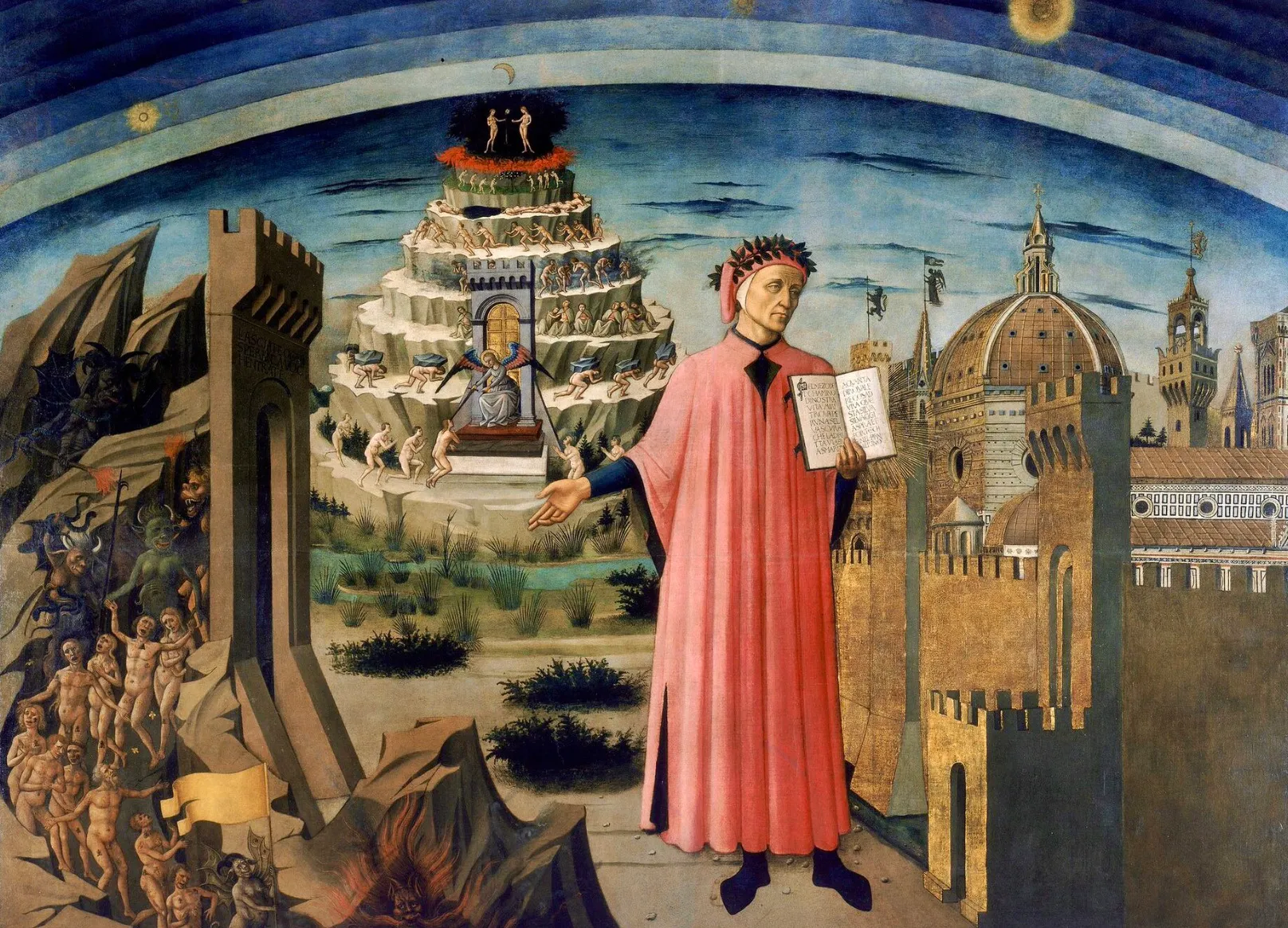 A painting depicts Dante Alighieri in a red robe, holding a book, with scenes from The Divine Comedy.