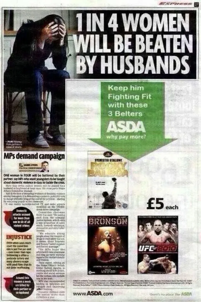 A newspaper ad for ASDA shows fighting belts below an article about domestic violence against women, creating a hilarious placement.
