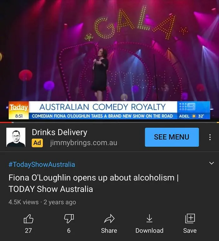 A hilariously placed ad for drink delivery under a video titled Fiona O'Loughlin opens up about alcoholism, showing how ads can become interesting and hilarious.