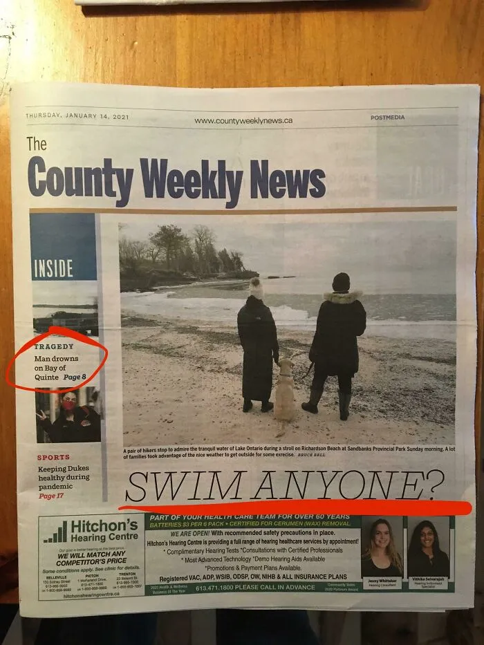 A newspaper headline about a man drowning on Bay of Quinte is next to a large ad asking SWIM ANYONE?, an example of hilarious ad placement.