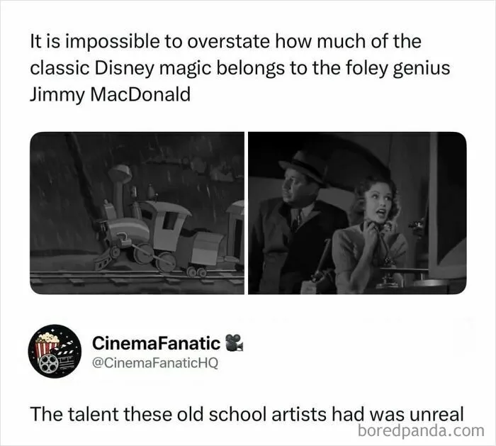 Black and white photo of a small train and a couple, showcasing classic Disney movie magic and media.