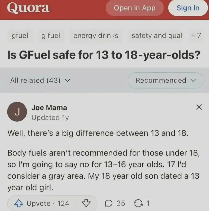 A Quora post with an unhinged answer from Joe Mama regarding the safety of GFuel for teenagers.