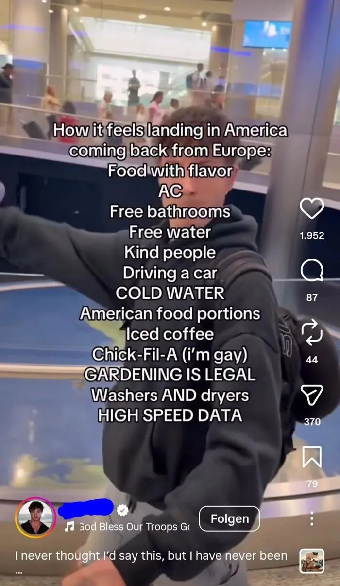 A screenshot of unhinged American experiences after returning from Europe, highlighting things like food with flavor and free bathrooms.