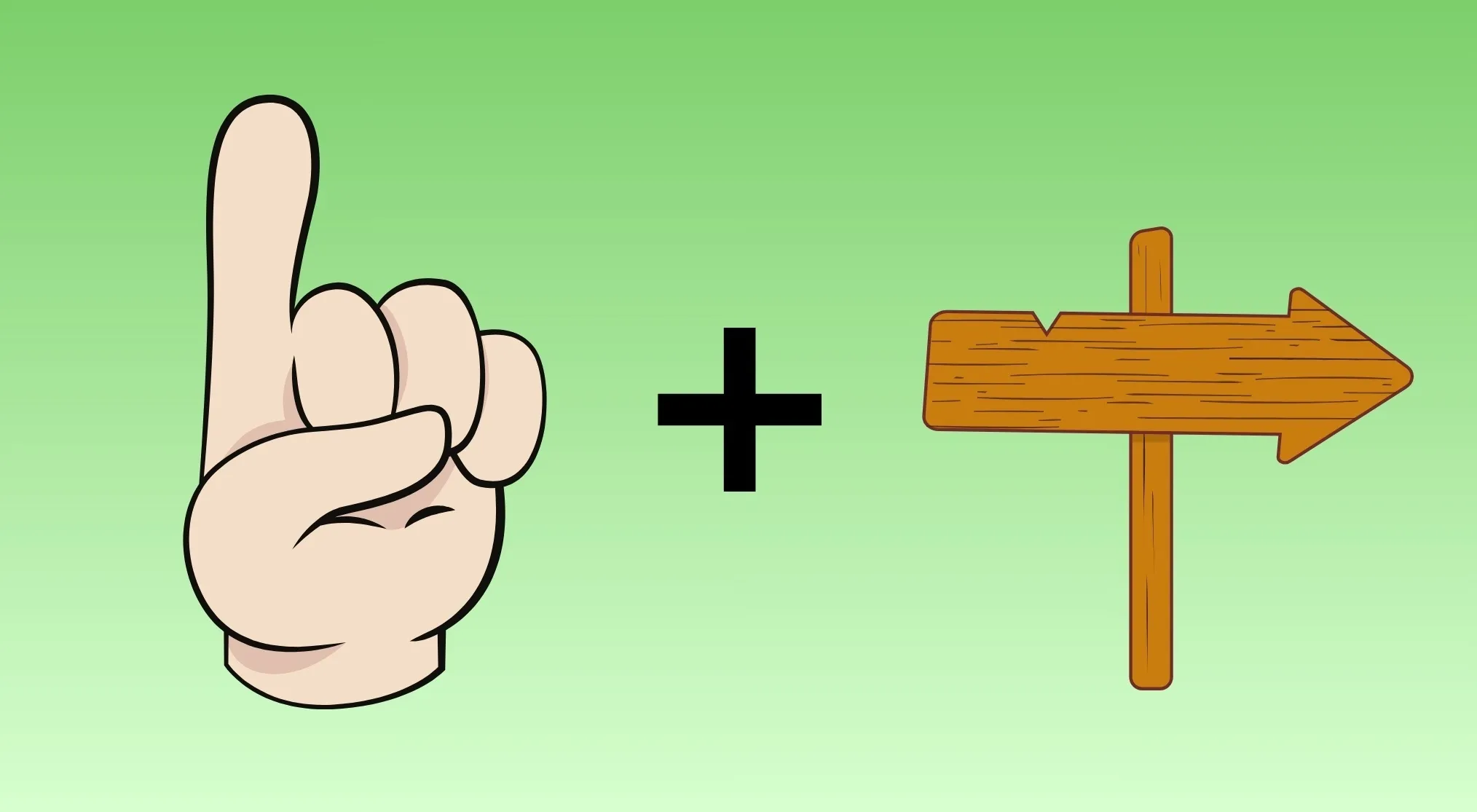 A pictogram rebus on a green background. A hand with an index finger pointing up, a plus sign, and a wooden arrow sign pointing right. Guess the famous band from pictograms.