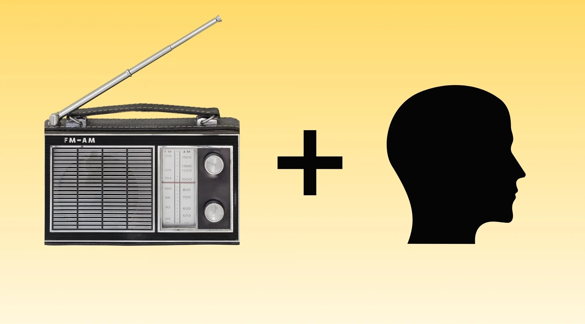 A pictogram showing an old radio and a human head silhouette with a plus sign between them. Guess the famous band.