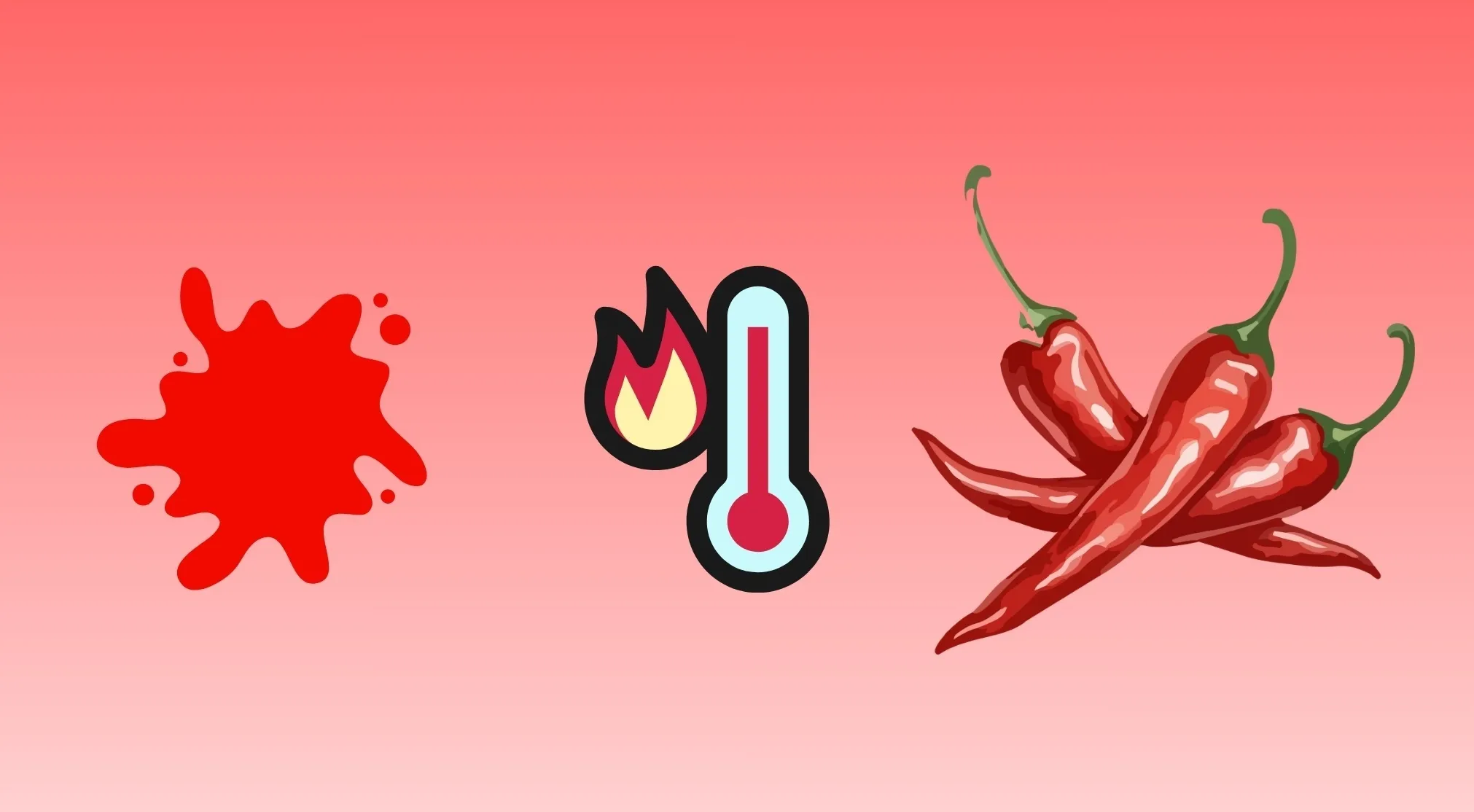 A red splatter, a thermometer with fire, and red chili peppers on a pink background. Guess the famous band.