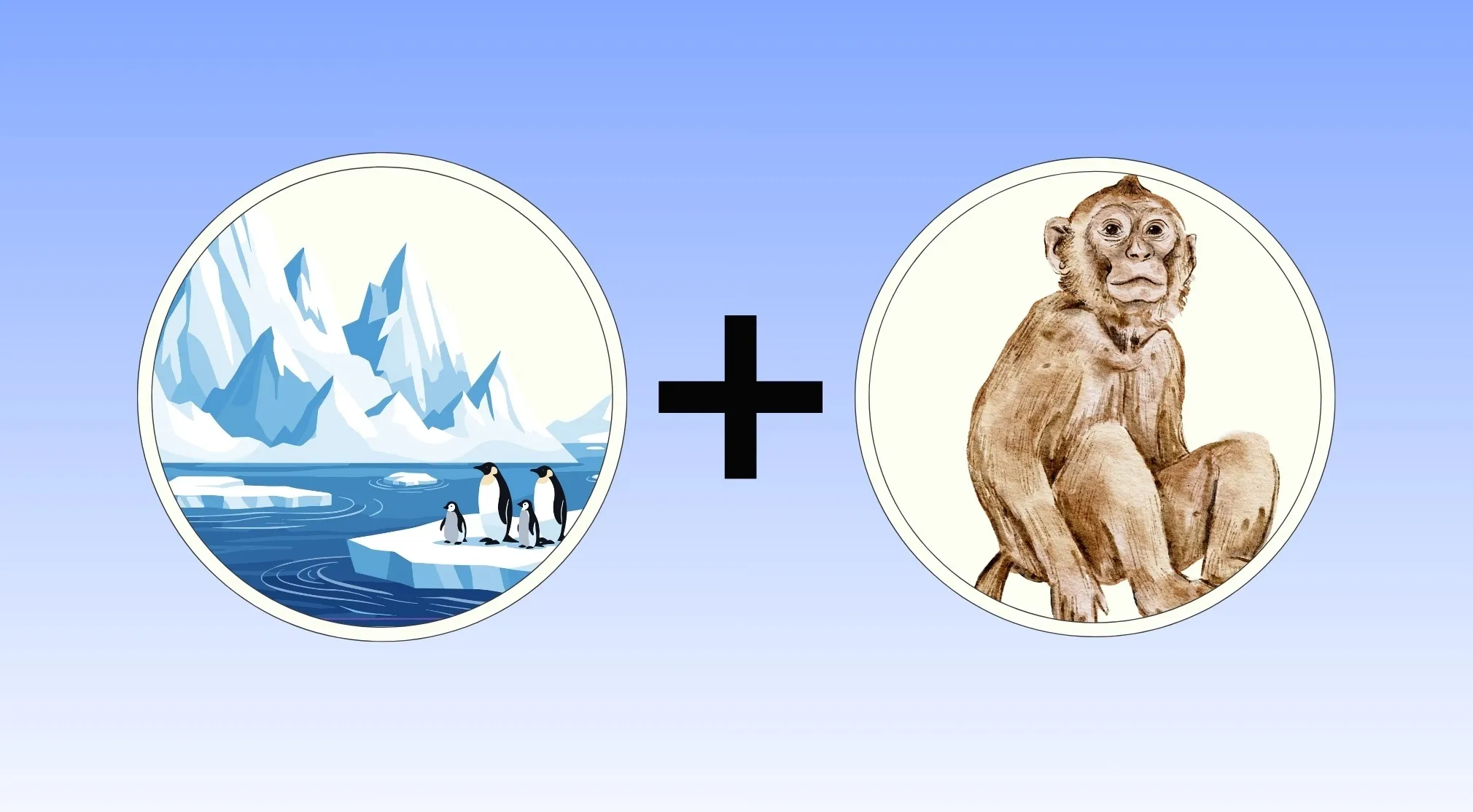 Guess The Famous Band from pictograms. A collage of icebergs and penguins, plus a monkey.