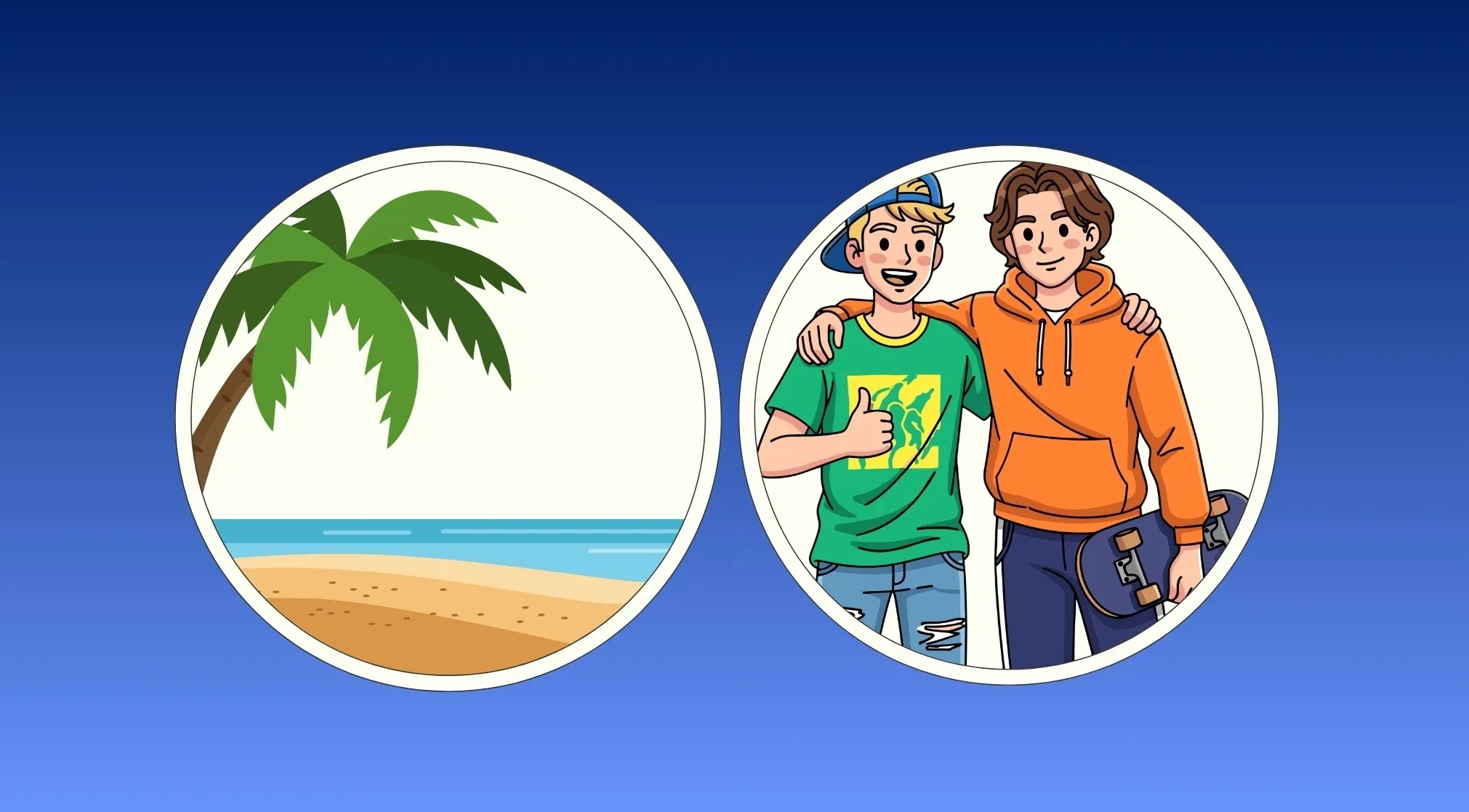 Two round pictograms for a Guess The Famous Band puzzle. One shows a beach with a palm tree, the other two young men with a skateboard.