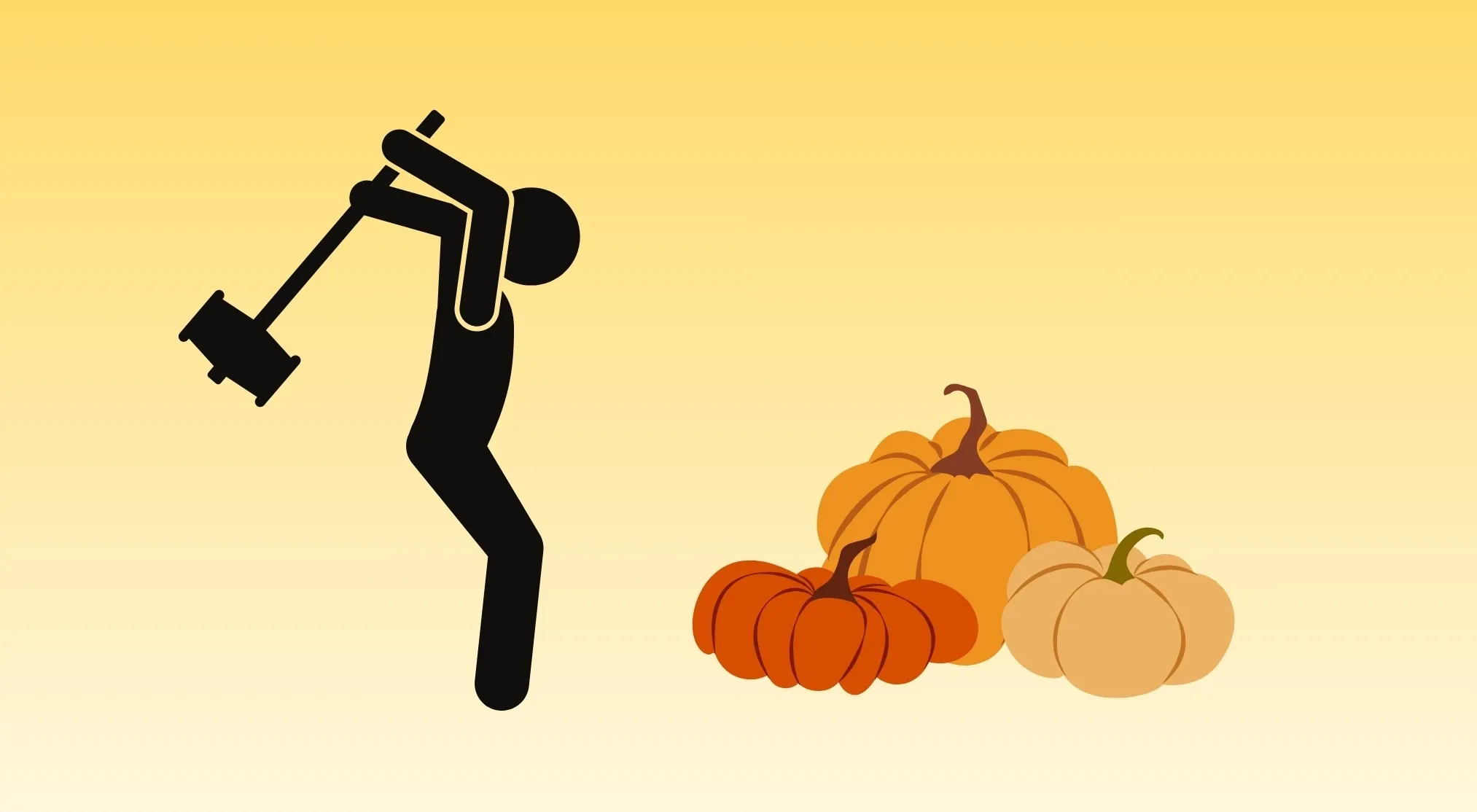 A pictogram of a person holding a hammer next to three pumpkins. Guess the famous band from pictograms.