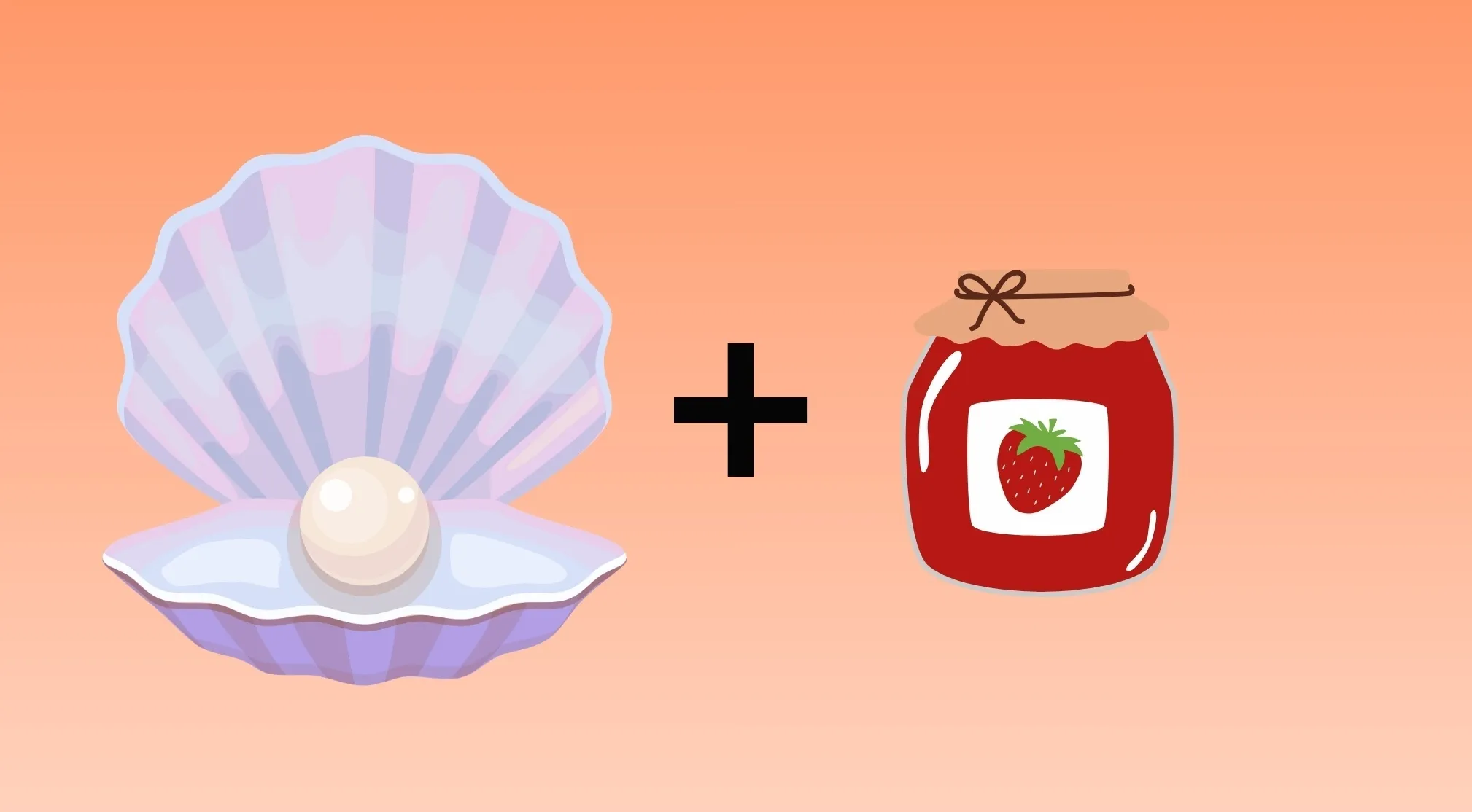 A seashell with a pearl and a jar of strawberry jam on an orange background, a pictograms guess the band riddle.