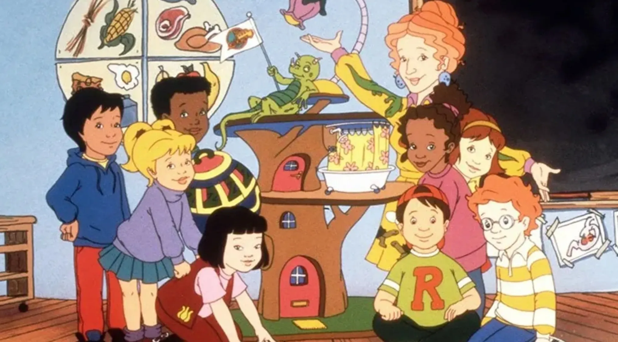 The Magic School Bus characters with Ms. Frizzle, Liz, and students, from Saturday Morning Cartoons.