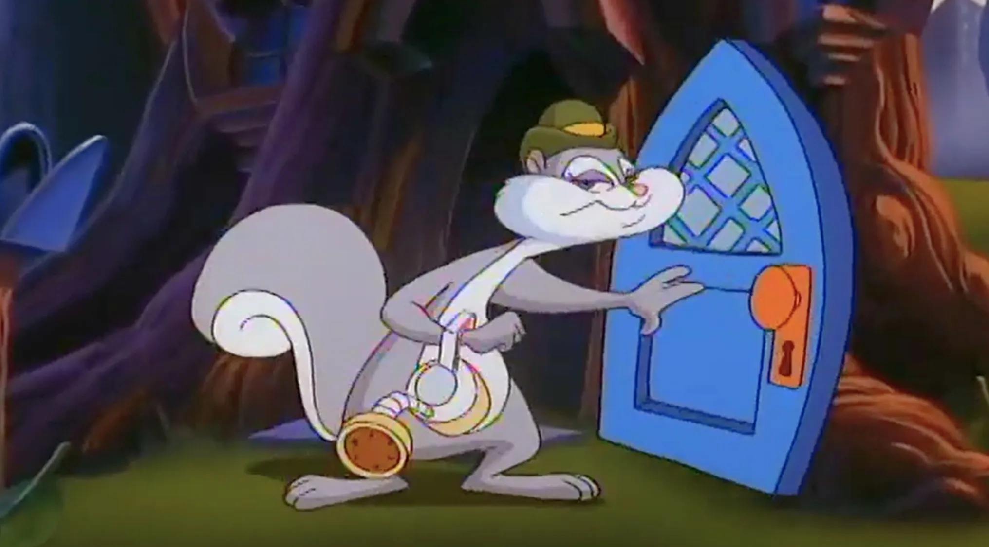 Slappy Squirrel cartoon character, a gray squirrel wearing a green hat and holding a horn, opening a blue door.