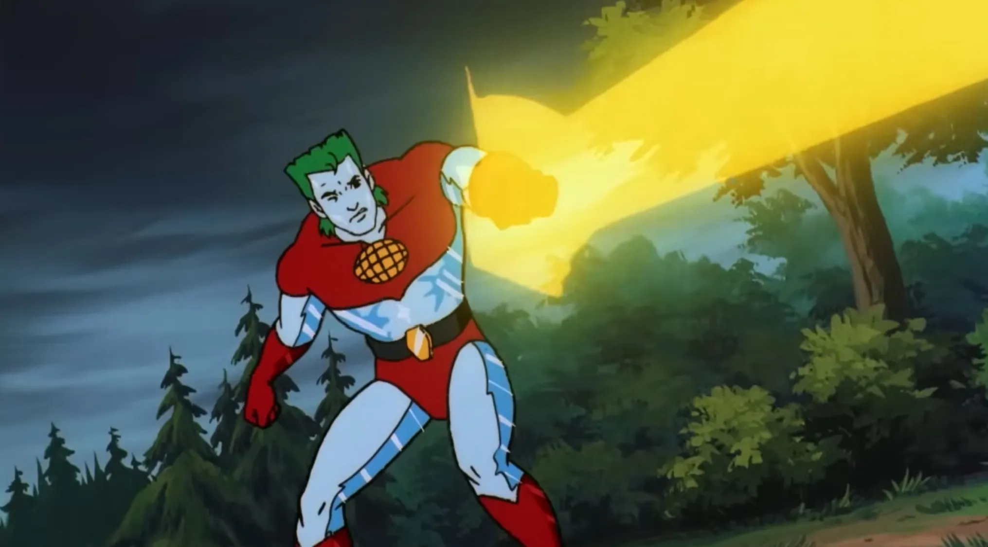 A 1990s cartoon character, Captain Planet, in his iconic red and blue suit, with green hair and a yellow beam of energy.