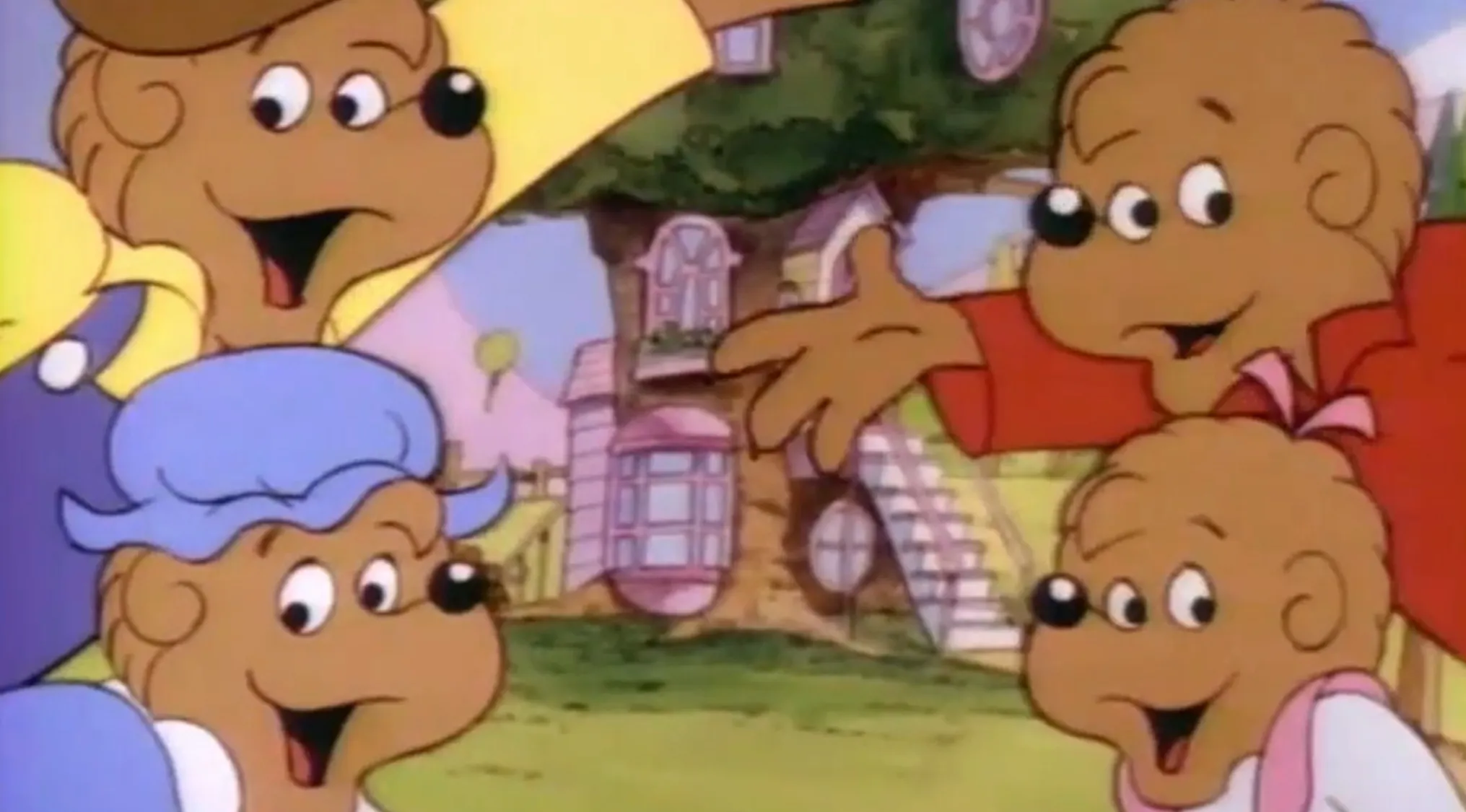 Saturday Morning Cartoons characters from The Berenstain Bears stand in front of their treehouse.