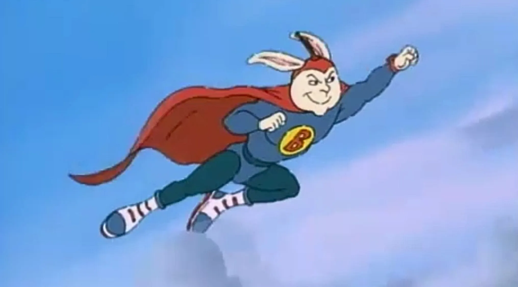 Bionic Bunny, a cartoon character superhero with a red cape, flying through the air.