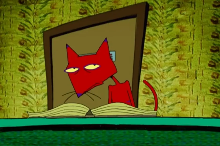 Katz, a villain from Courage the Cowardly Dog, reads a book, his red fur and yellow eyes distinct against a patterned background.
