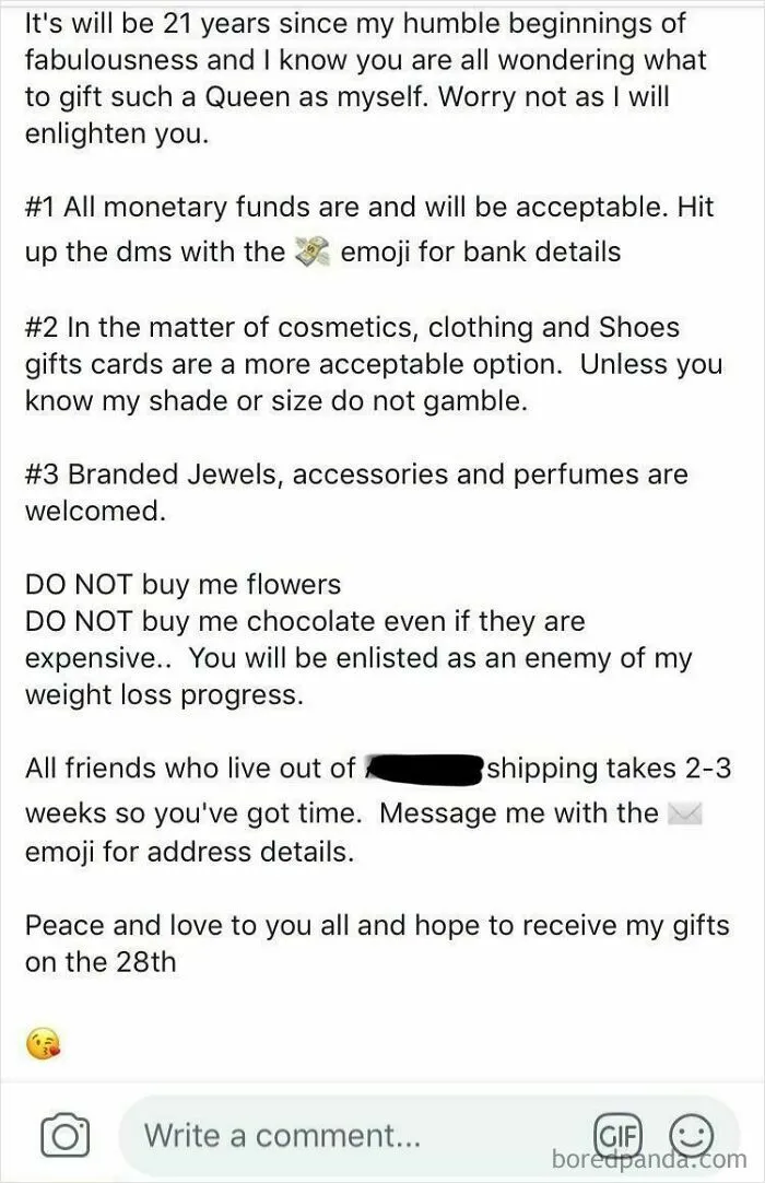 Facebook Friend On What/What Not To Buy Her For Birthday