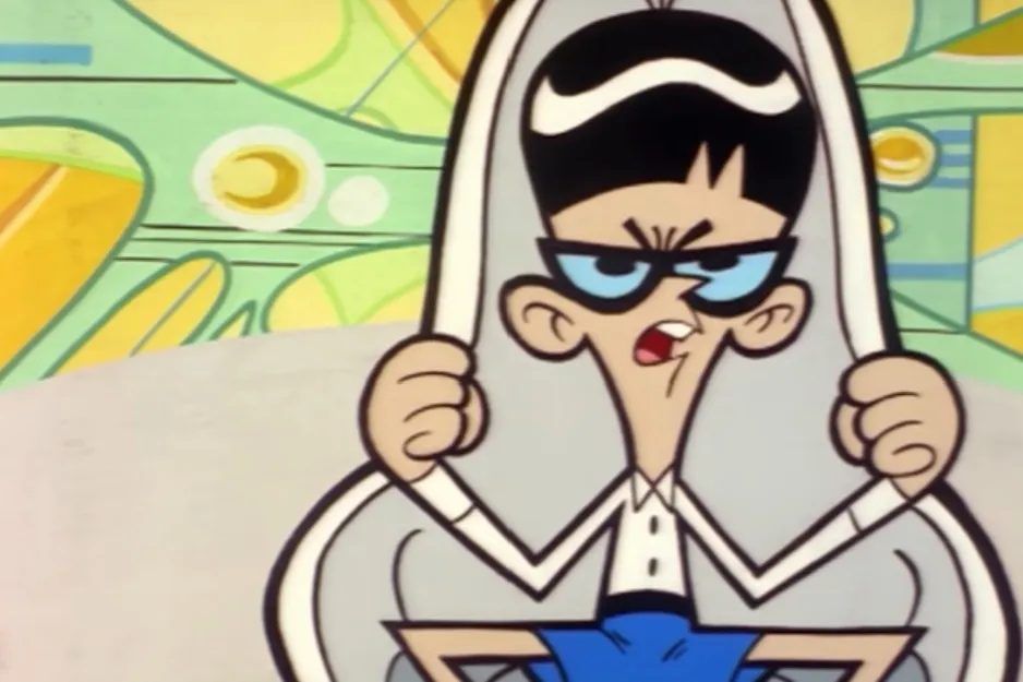 Mandark from Dexter's Laboratory, an angry villain character with black hair and glasses.